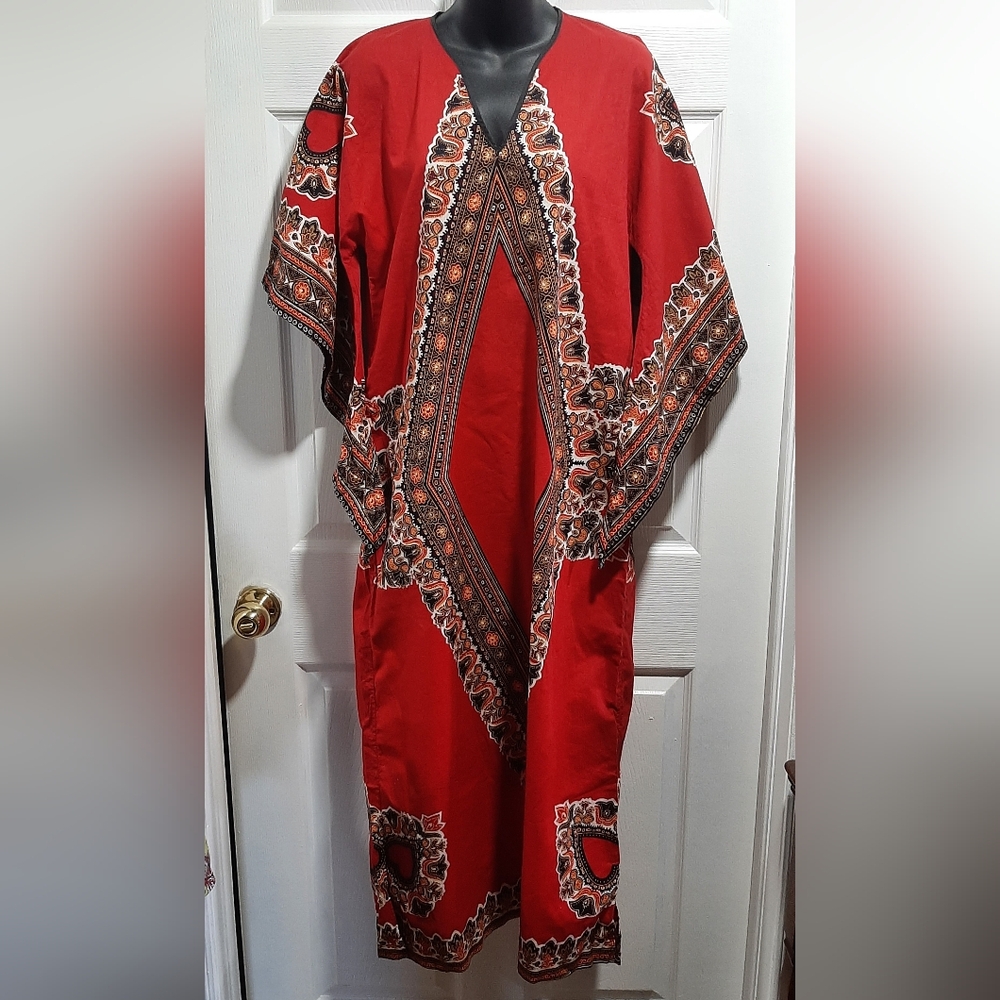 Caribana Afro-Shirt Long Red Shirt Dress Size M 100% Cotton Patterned Washable